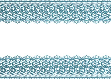 Image of Frame made of beautiful light blue lace on white background