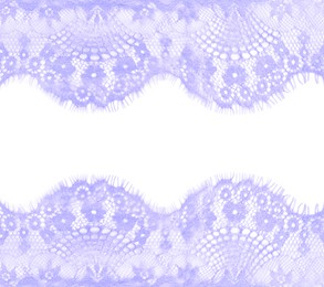 Image of Frame made of beautiful violet lace on white background