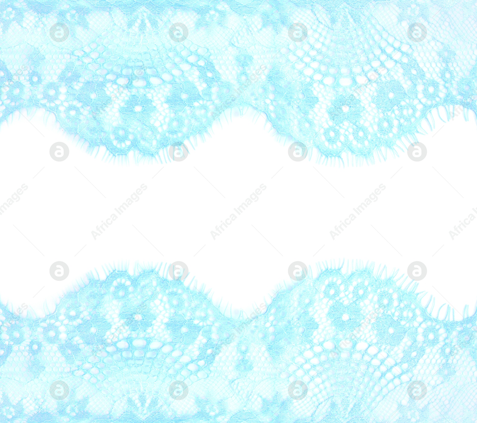 Image of Frame made of beautiful light blue lace on white background