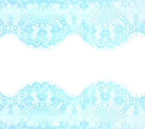 Image of Frame made of beautiful light blue lace on white background