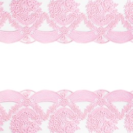 Image of Frame made of beautiful pink lace on white background
