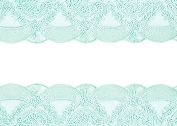 Image of Frame made of beautiful light turquoise lace on white background
