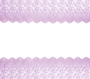 Image of Frame made of beautiful light violet lace on white background