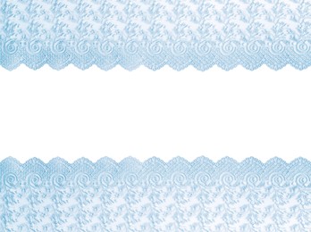 Image of Frame made of beautiful light blue lace on white background