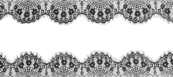 Image of Frame made of beautiful black lace on white background
