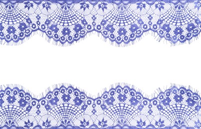 Image of Frame made of beautiful blue lace on white background