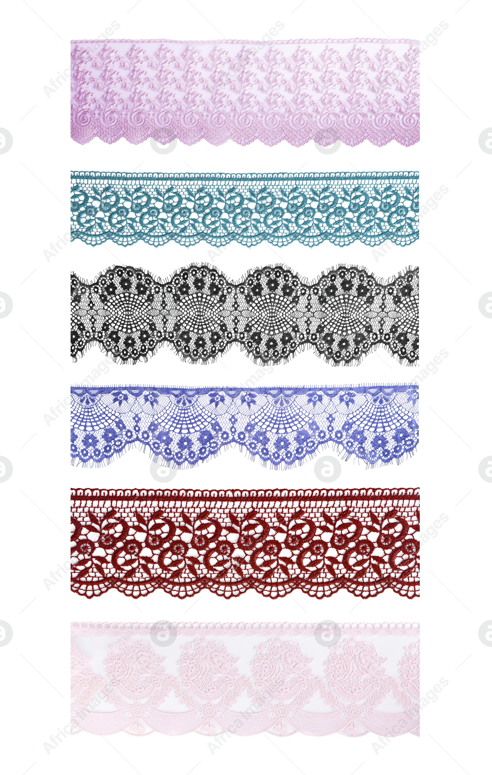 Pieces of lace in different colors isolated on white, set Image of Pieces of lace in different colors isolated on white, set