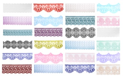 Image of Pieces of lace in different colors isolated on white, set