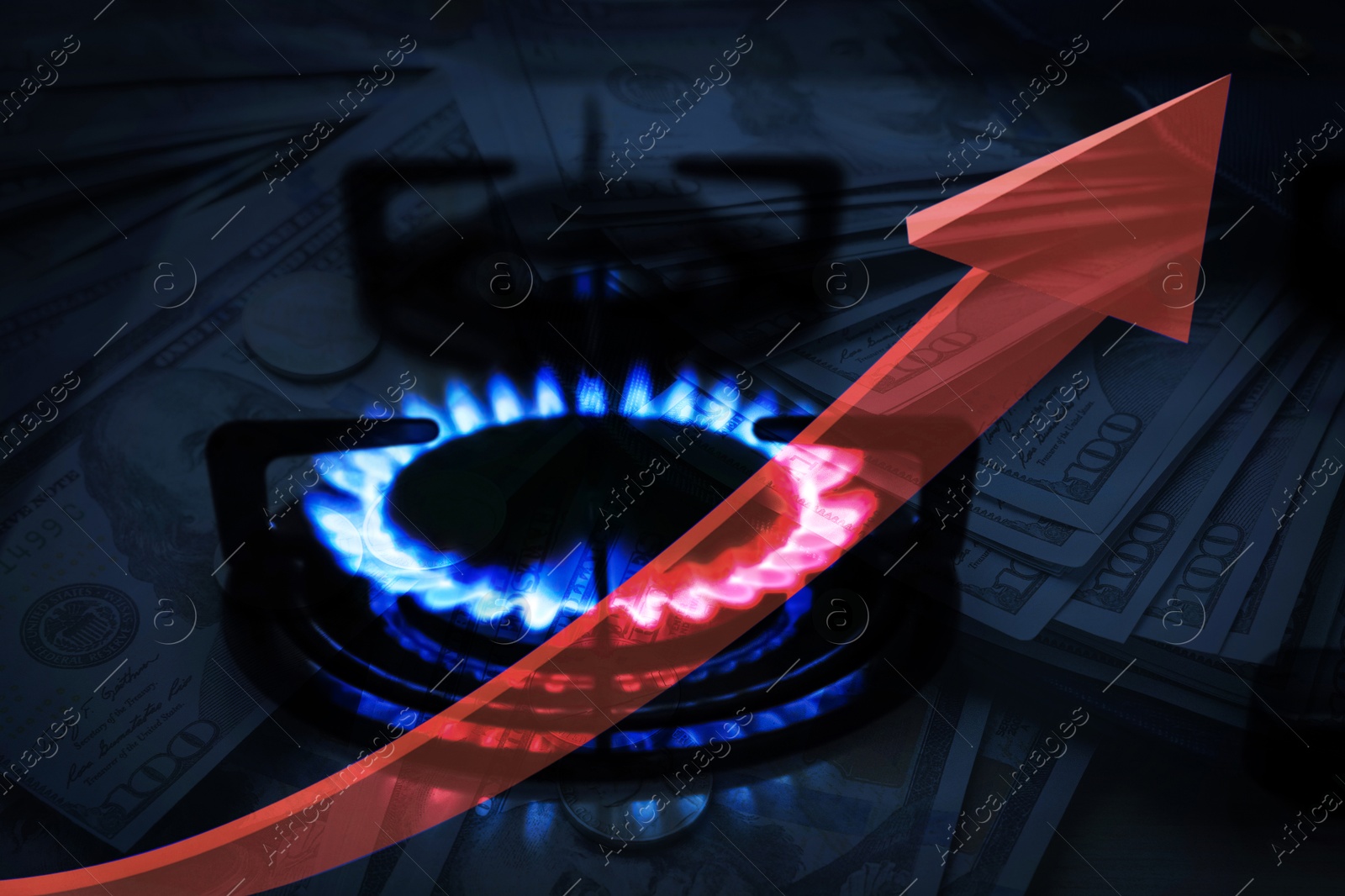 Gas burner with blue flame, red arrow and dollar bills, double exposure. Gas price increase Image of Gas burner with blue flame, red arrow and dollar bills, double exposure. Gas price increase