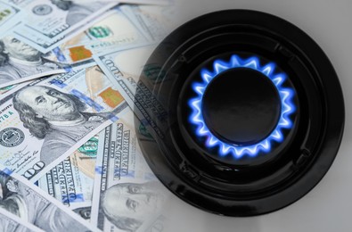 Image of Gas burner with blue flame and dollar bills, double exposure. Gas tariff