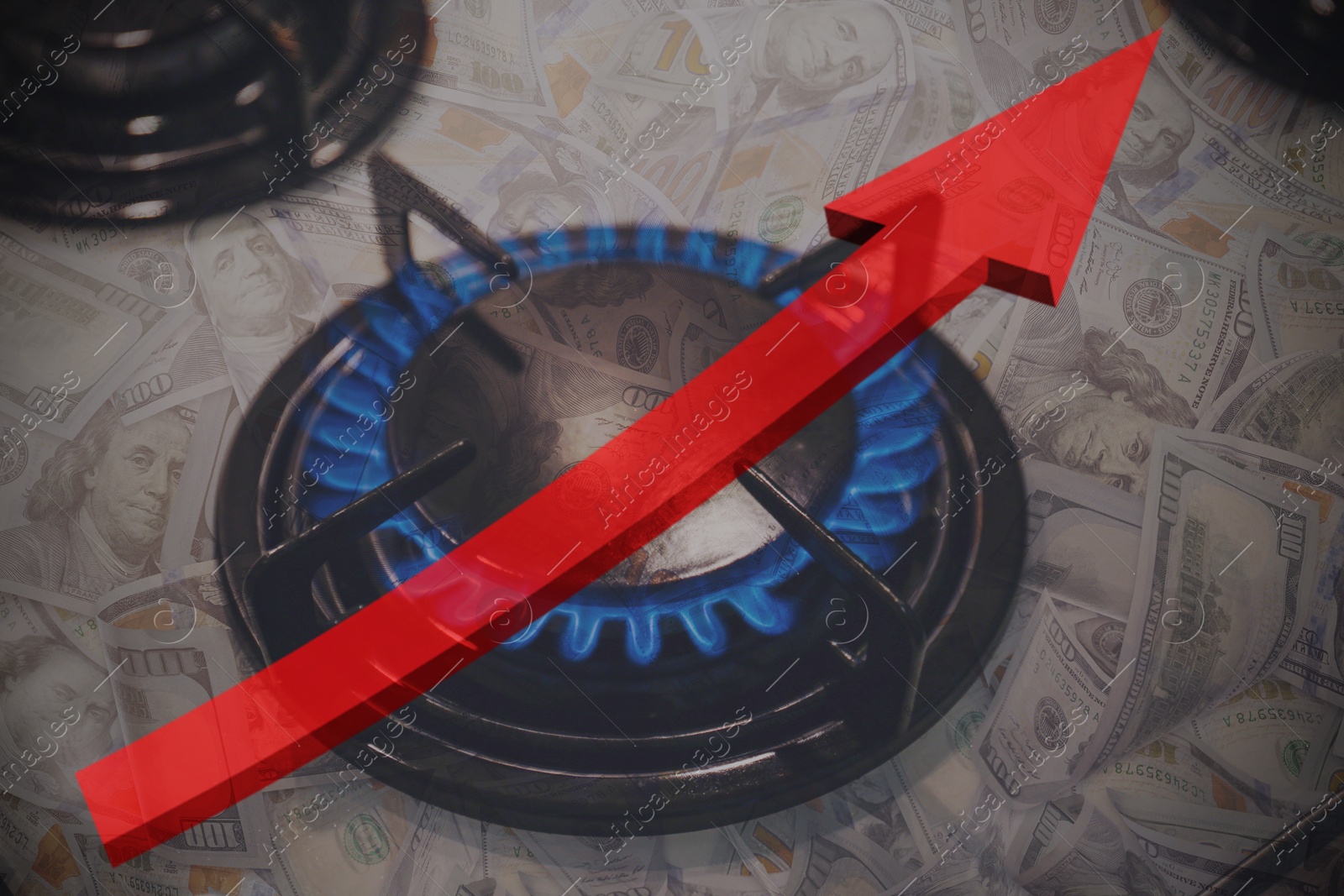 Gas burner with blue flame, red arrow and dollar bills, double exposure. Gas price increase Image of Gas burner with blue flame, red arrow and dollar bills, double exposure. Gas price increase