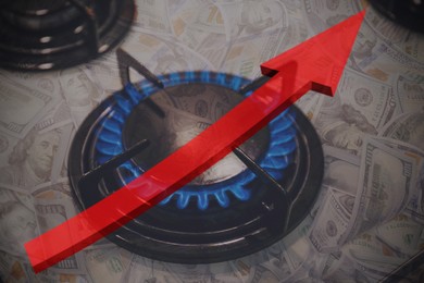 Image of Gas burner with blue flame, red arrow and dollar bills, double exposure. Gas price increase