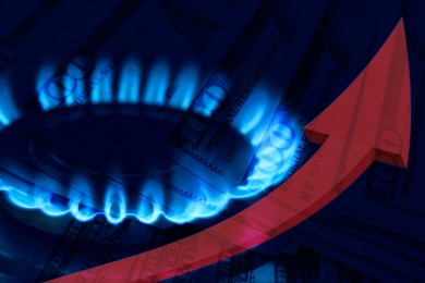 Image of Gas burner with blue flame, red arrow and dollar bills, double exposure. Gas price increase