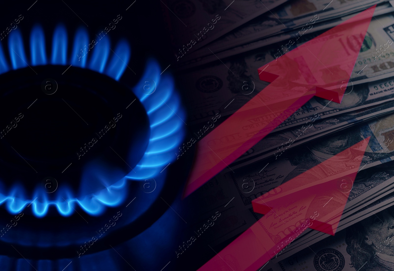 Gas burner with blue flame, red arrows and dollar bills, double exposure. Gas price increase Image of Gas burner with blue flame, red arrows and dollar bills, double exposure. Gas price increase
