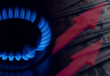 Image of Gas burner with blue flame, red arrows and dollar bills, double exposure. Gas price increase