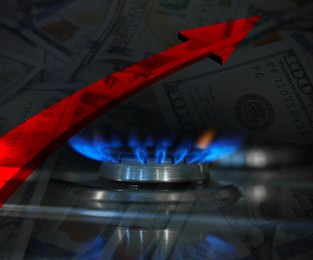 Image of Gas burner with blue flame, red arrow and dollar bills, double exposure. Gas price increase