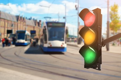 Image of Traffic lights at train station. Signaling device