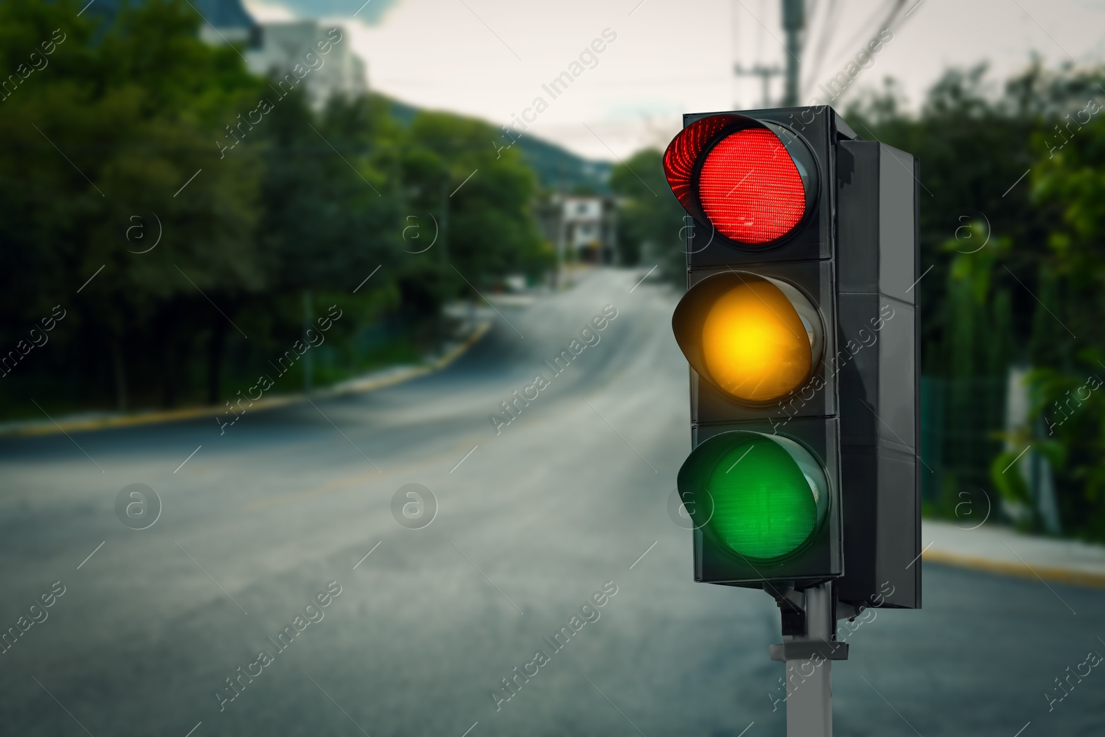Traffic lights on empty road. Signaling device Image of Traffic lights on empty road. Signaling device