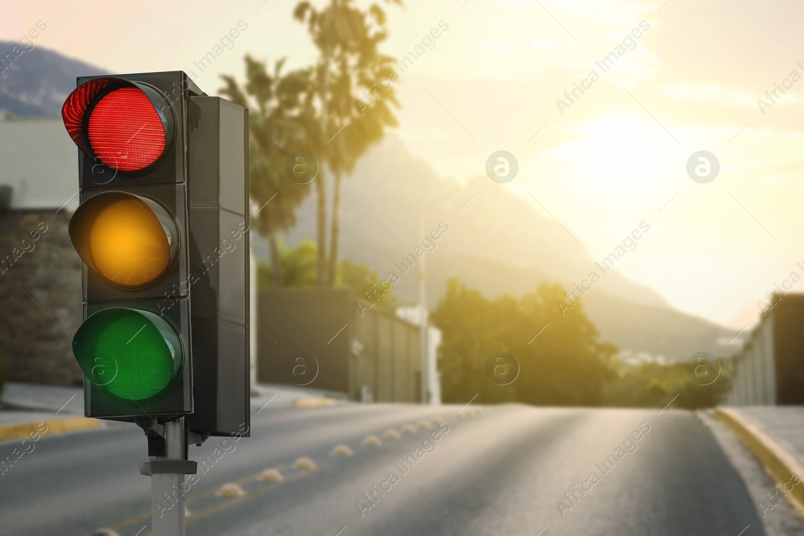 Traffic lights on empty road. Signaling device Image of Traffic lights on empty road. Signaling device
