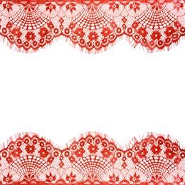 Image of Frame made of beautiful red lace on white background
