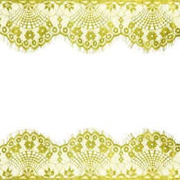 Image of Frame made of beautiful yellow lace on white background