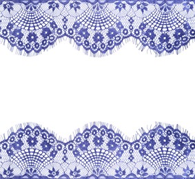 Image of Frame made of beautiful blue lace on white background