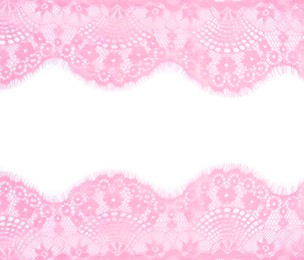 Image of Frame made of beautiful pink lace on white background