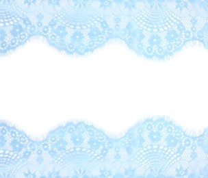Image of Frame made of beautiful light blue lace on white background