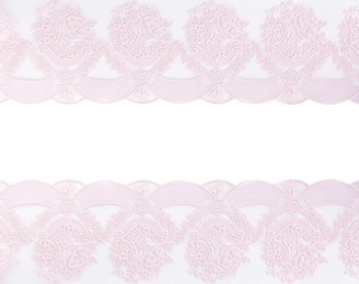 Image of Frame made of beautiful light pink lace on white background
