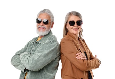 Photo of Senior couple in stylish outfits on white background