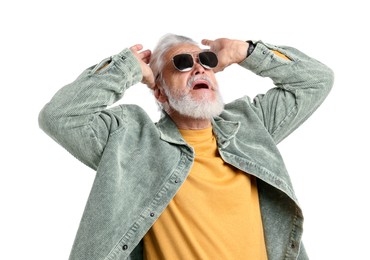 Photo of Elderly man in stylish outfit on white background