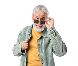 Photo of Elderly man in stylish outfit on white background