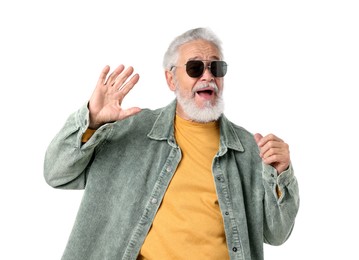 Photo of Elderly man in stylish outfit on white background