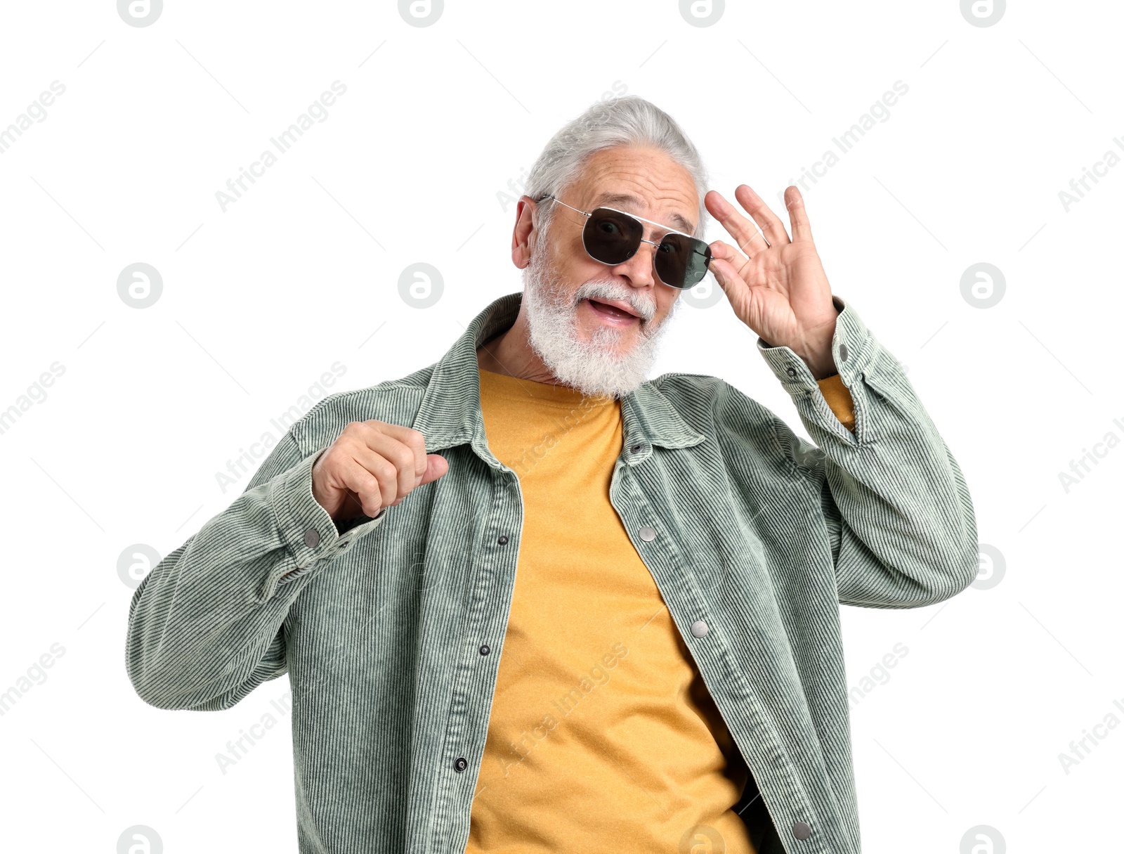 Elderly man in stylish outfit on white background Photo of Elderly man in stylish outfit on white background