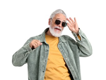 Photo of Elderly man in stylish outfit on white background