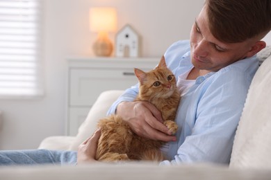 Photo of Man with cute ginger cat on sofa at home
