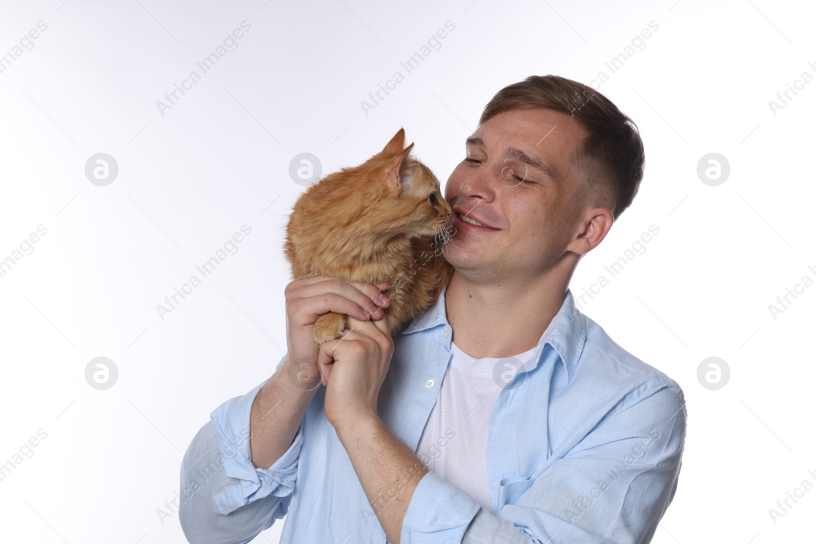 Man with cute ginger cat on white background Photo of Man with cute ginger cat on white background