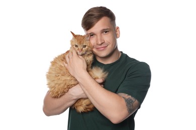 Photo of Man with cute ginger cat on white background