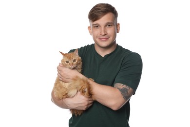 Photo of Man with cute ginger cat on white background