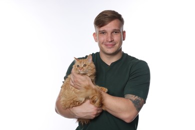 Photo of Man with cute ginger cat on white background