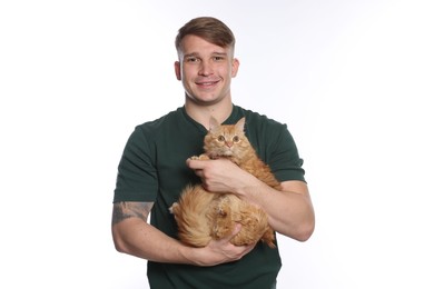Photo of Man with cute ginger cat on white background