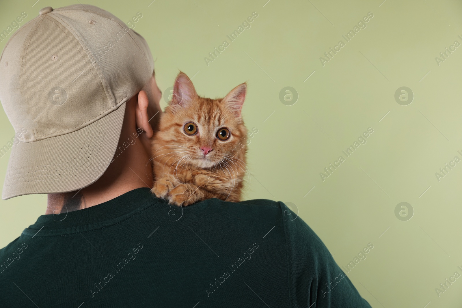 Man with cute ginger cat on light green background, space for text Photo of Man with cute ginger cat on light green background, space for text