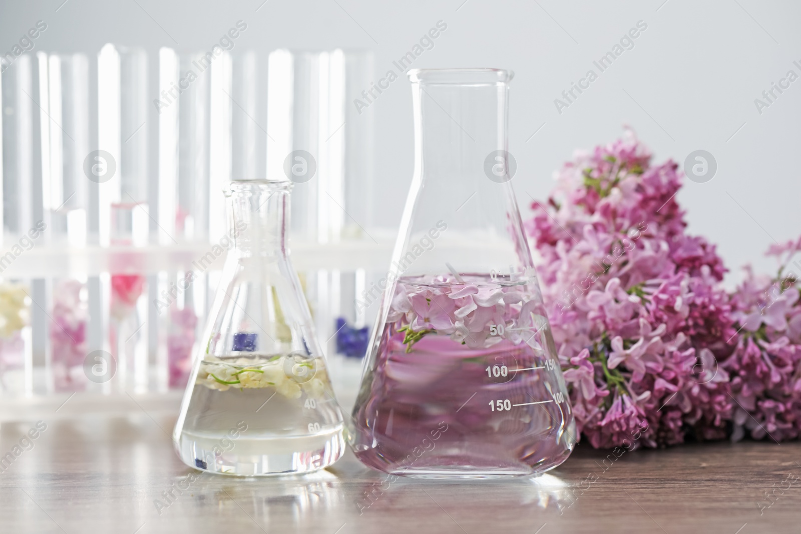 Making luxury perfume. Essential oils in glassware and flowers on light wooden table, closeup Photo of Making luxury perfume. Essential oils in glassware and flowers on light wooden table, closeup