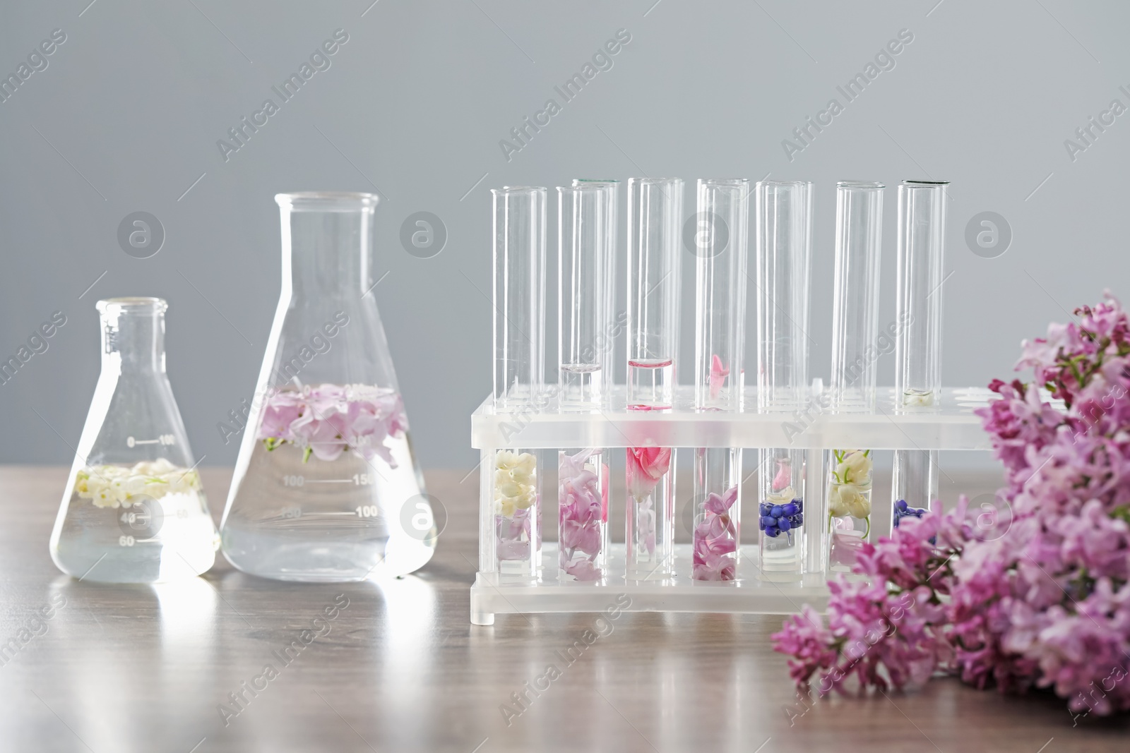 Photo of Making luxury perfume. Essential oils in glassware and flowers on light wooden table, closeup