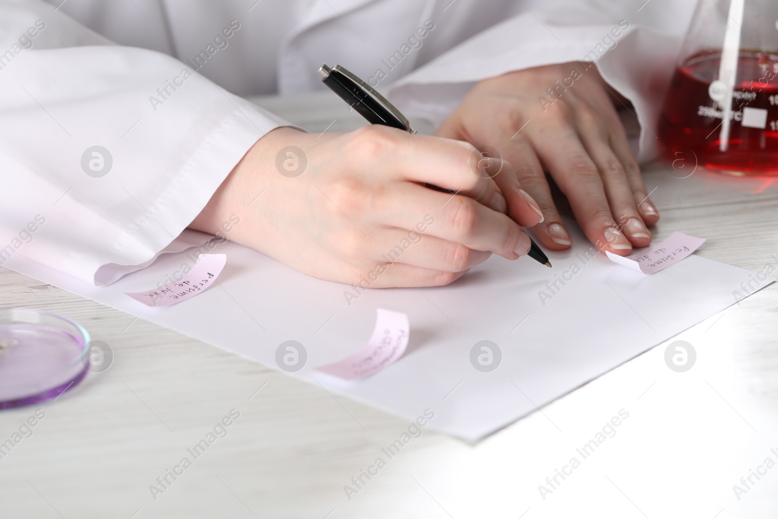 Professional perfumer developing luxury perfume at white wooden table in laboratory, closeup Photo of Professional perfumer developing luxury perfume at white wooden table in laboratory, closeup