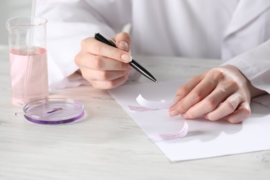 Photo of Professional perfumer developing luxury perfume at white wooden table in laboratory, closeup