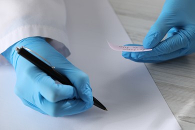 Photo of Professional perfumer developing luxury perfume at white wooden table in laboratory, closeup