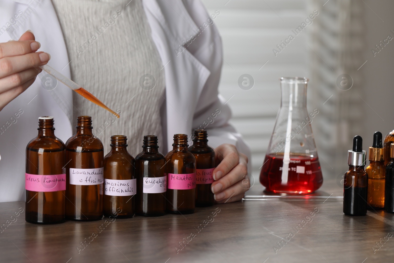 Professional perfumer developing luxury perfume at wooden table in laboratory, closeup Photo of Professional perfumer developing luxury perfume at wooden table in laboratory, closeup