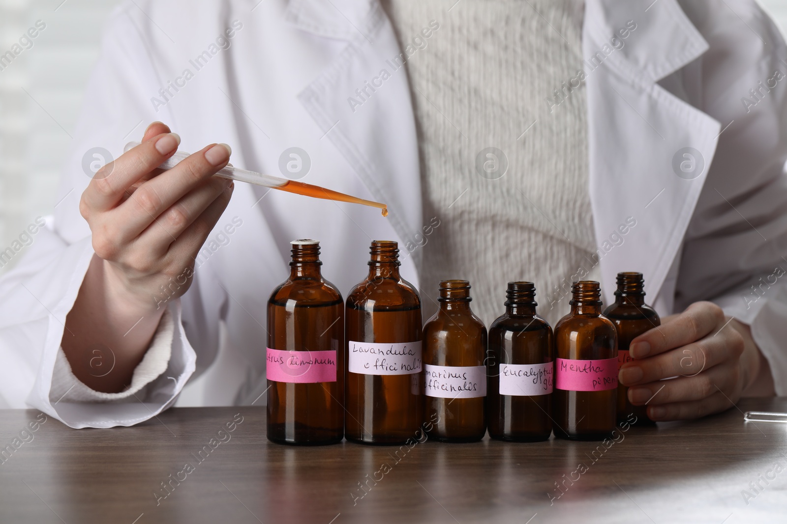 Professional perfumer developing luxury perfume at wooden table in laboratory, closeup Photo of Professional perfumer developing luxury perfume at wooden table in laboratory, closeup