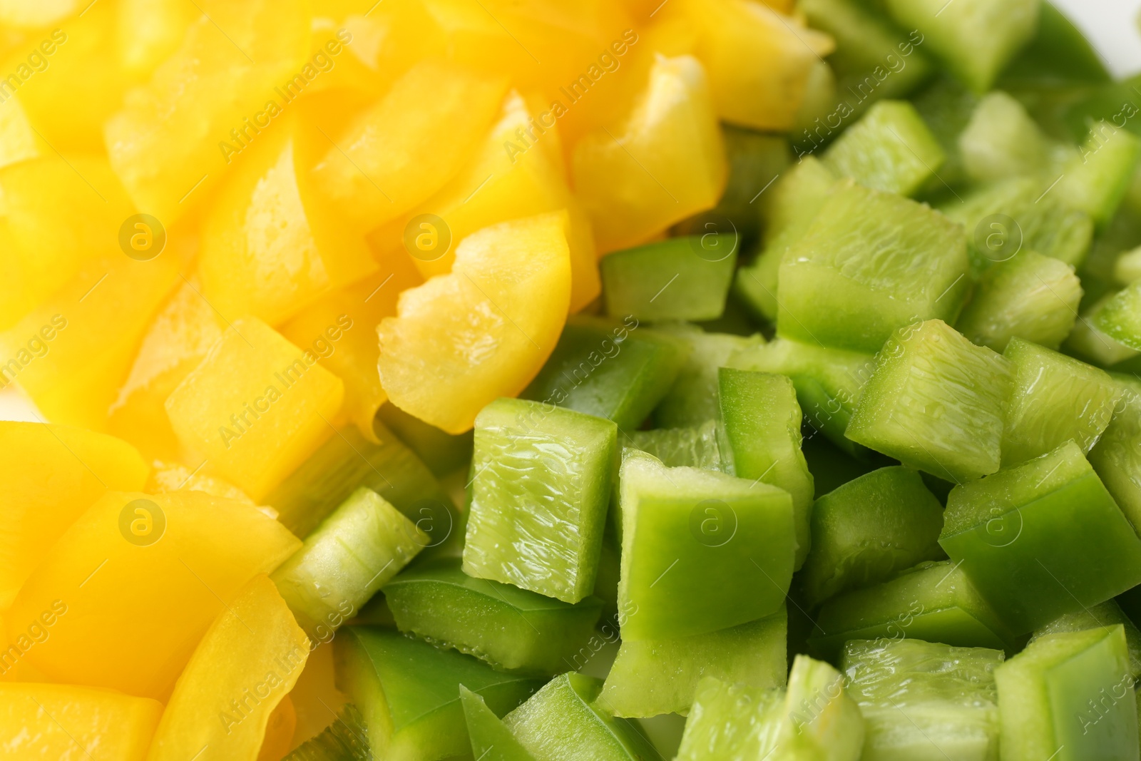 Photo of Pieces of fresh colorful bell peppers as background, closeup